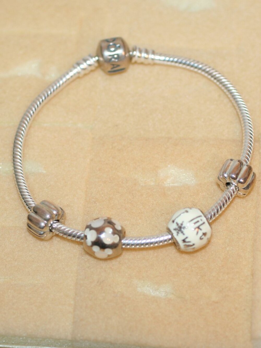 Pandora Barrel Clasp Snake Chain Sterling Silver w 14 Charms Bracelet  7 1/4"